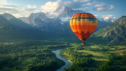 Naklejka premium Hot air balloon soars over lush valley with snow-capped mountain