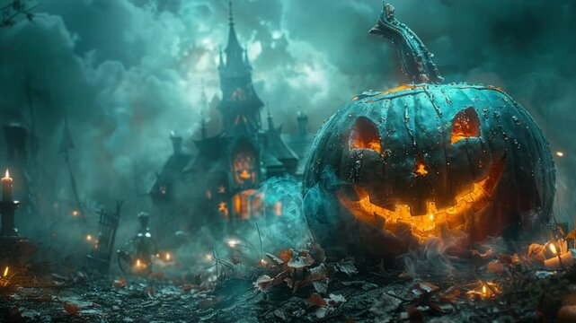 lentera labu halloween di depan rumah hantu