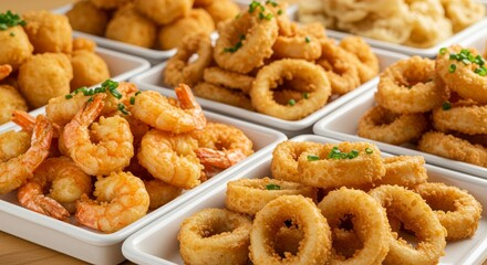 Fried Seafood Platter Delight - A tempting platter featuring crispy fried shrimp, calamari, and fish balls. Perfect for sharing!