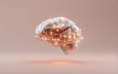 Mini AI brain module floating near lower edge on solid pale peach gradient with copy space above,