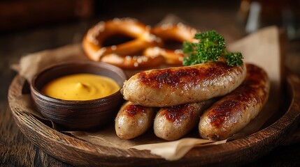 Grilled Weisswurst with pretzel and sweet mustard
