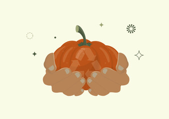 Hands Holding Small Pumpkin with recycling icon. Sustainable autumn celebration. Eco-friendly halloween concept. Eco-conscious season and buy locally. Flat style. Vector illustration