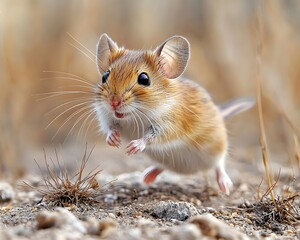 A small desert mouse scurrying across rocky terrain among tufts of dry grass
