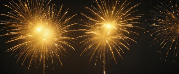 Naklejka premium Intense yellow firework bursts illuminate the dark, creating a radiant glow, dark, yellow, sky