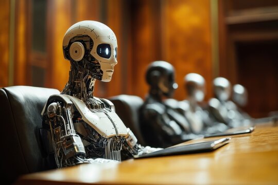 AI judge and jury presiding over a courtroom case with robotic figures making critical decisions, Courtroom scene with AI as judge and jury, making decisions, algorithmic law focus