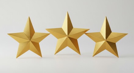 Obraz premium Golden Three Dimensional Stars on White - Three golden stars, symbolising success, achievement, excellence, quality, and rating. Elegant and minimalist design