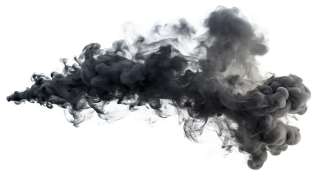 Organic black smoke drifting isolated on a white background with fluid motion