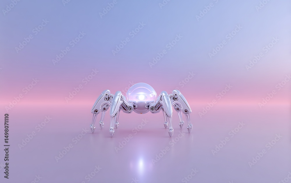 Poster nanobot floating near lower edge over smooth pastel gradient background with clear empty space,