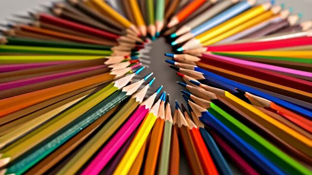 Close-up of colorful wood colored pencils arranged in circular pattern with exposed pencil tips on light gray surface, education, design