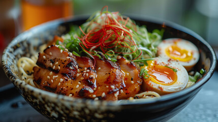 Beautiful ramen soup with steak