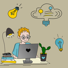 Seamless pattern with a boy studying at a desk, surrounded by light bulbs and cloud icons. Perfect for e-learning, school designs, and digital education tools.