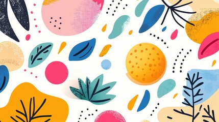 A vibrant abstract composition featuring a variety of organic shapes and patterns in a range of colors.