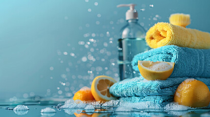 Cleaning towels and liquids in blue background with lime