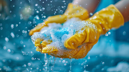 Commerical cleaner holding soapy bubbles with gloves on hand
