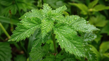 Close up of a green plant with water droplets on its leaves in an outdoor setting during the day