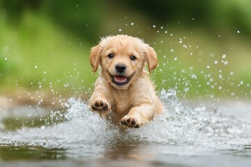 Golden retriever puppy joyfully splashing through water in a lush green setting, Golden retriever puppy running through water with joyful expression