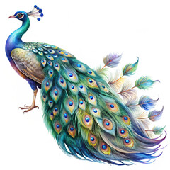 Obraz premium Watercolor Peacock Bird with Extended Tail Feathers