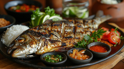 grilled fish presented nicely with ingredients on top of table