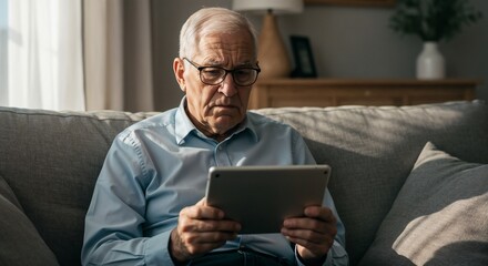 Elderly man using tablet while sitting on sofa in living room  