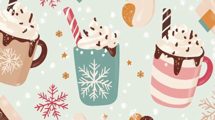 A charming illustration of three hot chocolate cups with whipped cream and colorful straws, set against a snowy winter backdrop.