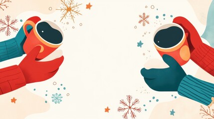 A cozy winter scene with two hands holding warm mugs of coffee, surrounded by festive snowflakes and stars.