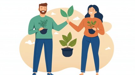 A man and a woman holding plants, with a cloud in the background.