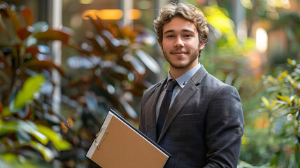 Man with suit holding a file outside the office in green background