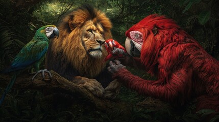 A lion and a red bird share a moment of connection in a lush jungle.