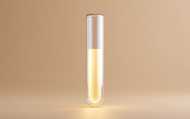 Single glowing test tube on gradient cream backdrop positioned in lower corner with empty margins,