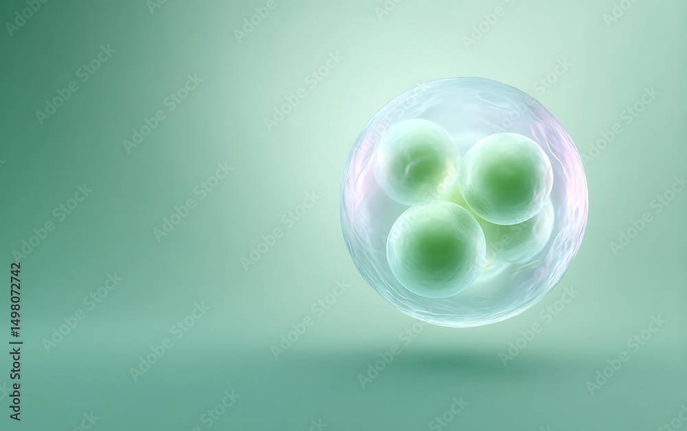 Poster single stylized cell division object floating bottom left on pastel green gradient background with c