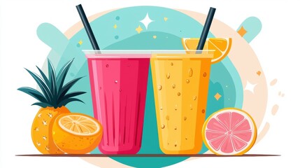 A refreshing tropical drink with a straw, garnished with a slice of orange and a slice of grapefruit.
