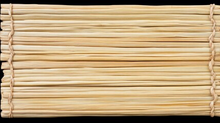 Close up of a bamboo sushi rolling mat with natural binding, minimalist style.