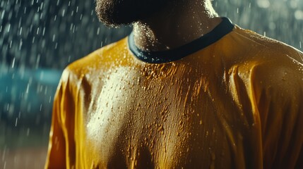 A wet soccer player in a yellow jersey stands in heavy rain, close up shot.