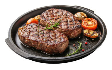 Two pieces of steak with a side of vegetables on a black plate
