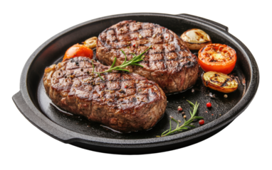 Two pieces of steak with a side of vegetables on a black plate