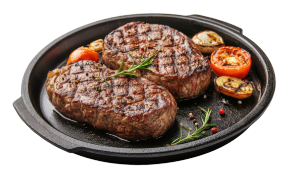 Two pieces of steak with a side of vegetables on a black plate