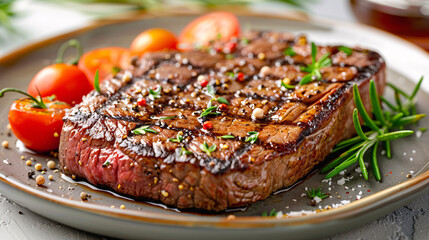 Tasty looking steak plated in with tomato with greens