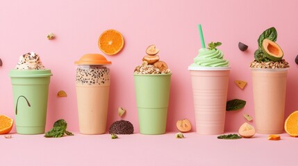 A row of six colorful drinks with fruit toppings.
