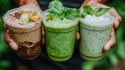 Three glasses of smoothies with different ingredients.