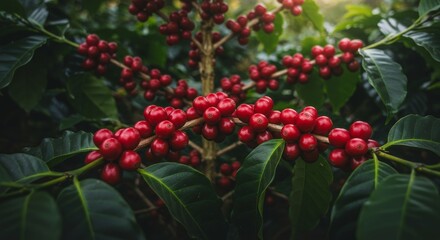Obraz premium Lush Coffee Plant with Ripe Cherries - Close-up view of a coffee plant laden with vibrant red coffee cherries, ready for harvest. Dark green leaves provide a rich backdrop