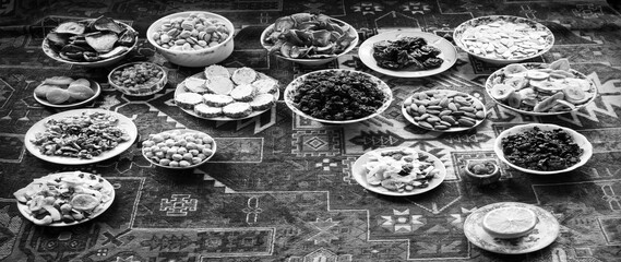 East table. Many tasty food