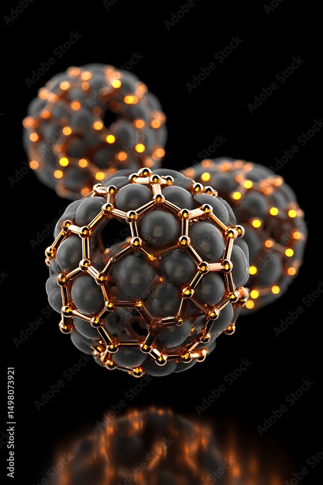 Wall mural studio image of floating geometric nanostructures with metallic texture and soft backlighting on bla