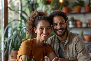 Obraz premium Happy couple smiling at home among houseplants