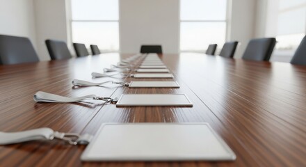 Obraz premium Empty conference table with blank name tags arranged