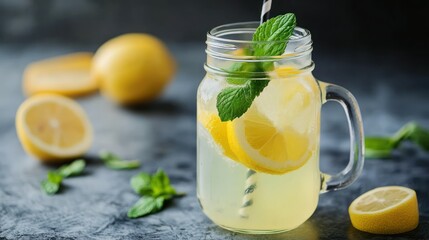 Fototapeta premium Refreshing lemonade in a mason jar with lemons and mint leaves.