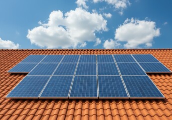 Solar panels installed on a tiled roof, harnessing clean energy from the bright sunlight.