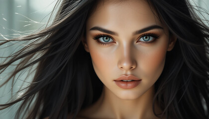 Naklejka premium close-up portrait of a stunning woman with long hair and captivating blue eyes