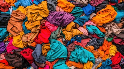 A chaotic pile of colorful fabrics.