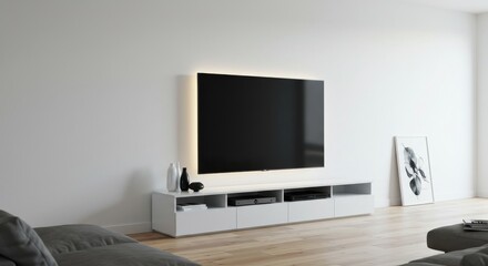 Modern Living Room Entertainment Center - Sleek white media console with flat screen TV, minimalist decor, hardwood floors. Perfect for modern home staging