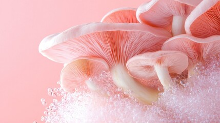 Pink Mushrooms in Foamy Liquid